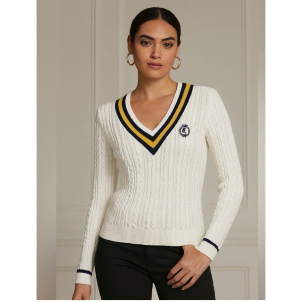 Ralph Lauren Cotton Cricket V-neck Cable Knit Sweater Size XL ( M) ~ Pristine